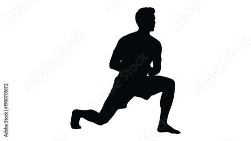 A black silhouette of a man performing a lunge exercise against a white background