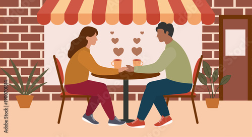 Young man and woman sitting outside cafe on a date. Valentine's Day concept