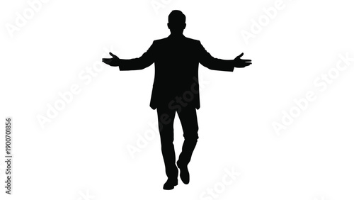 A silhouetted man stands with arms outstretched in a welcoming gesture