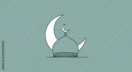 Mosque Dome with Crescent Moon on Teal Background, Islamic Symbolism, Simple Line Art