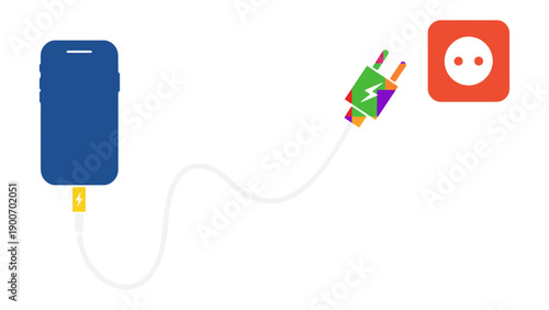 A smartphone is being charged with a colorful adapter and cable