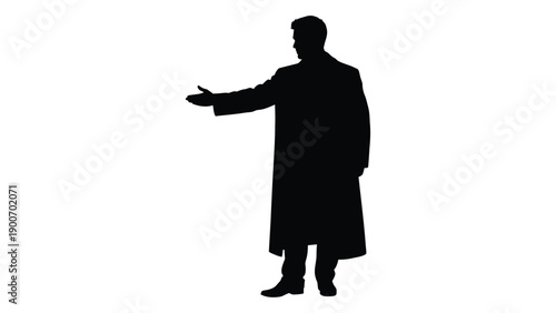 Silhouette of a man in a long coat with an outstretched hand