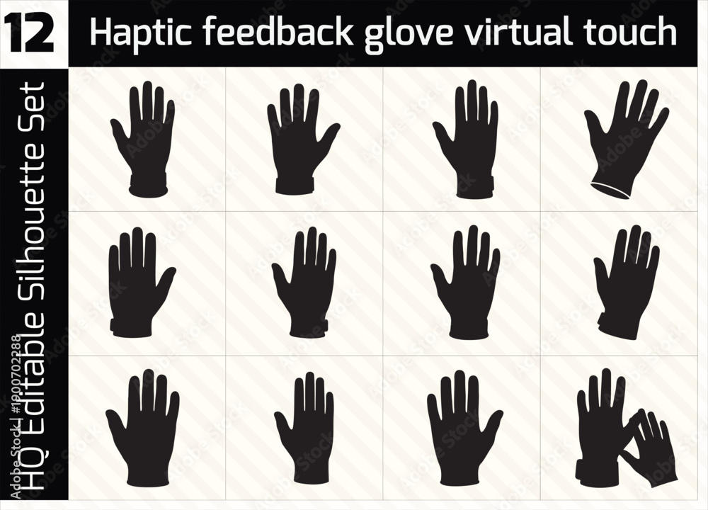 Fototapeta premium Vector set of Haptic feedback glove virtual touch in simple silhouette style