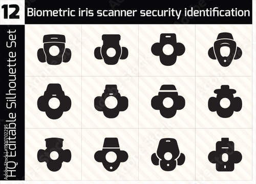 Black and white vector icon set featuring various Biometric iris scanner security identification