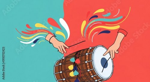 Drummer Playing Djembe Drum with Colorful Splashes on Red and Blue Background