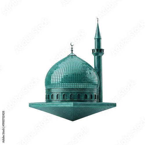 Modern Stylized Teal Metallic Mosque Dome and Minaret on an Abstract Geometric Base, Symbolizing Islamic Architecture and Spirituality