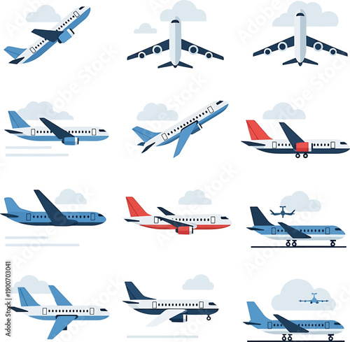 Collection of diverse airplanes in various flight positions and styles.