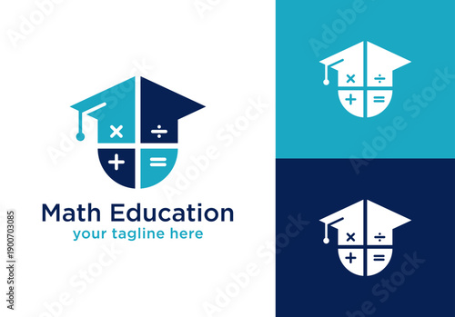 Graduation cap and math calculation sign logo design. Mathematics education vector icon symbol.