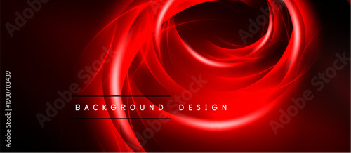 Abstract red design features swirling lines, glowing effects. Dark background enhances vibrant energy, modern aesthetic. Simple text reads background design.
