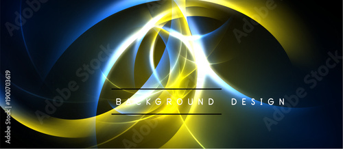 Abstract design features flowing yellow, blue lines. Dark background creates dramatic visual effect. Text reads background design.