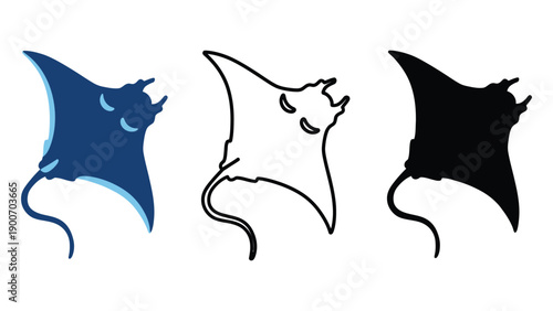 Three stylized illustrations of manta rays in different colors and designs