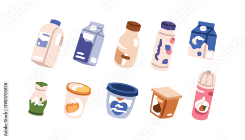 A colorful illustration of various dairy products and beverages on a white background