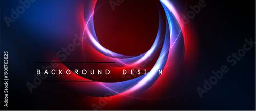 Abstract background features swirling red, blue, white lines. Dark space surrounds central glowing oval shape. Text reads background design.
