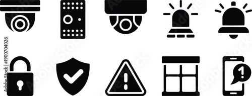 A comprehensive set of black security system icons including cameras alarms and protection symbols