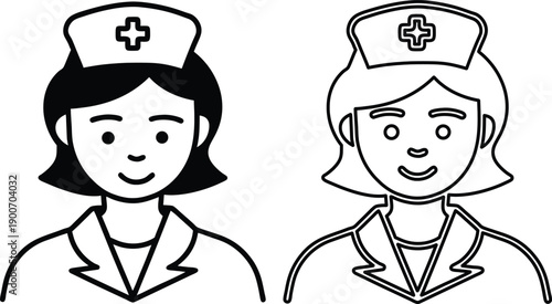Two cartoon nurses in line art style, one filled black, the other outlined, symbolizing healthcare options and diversity.