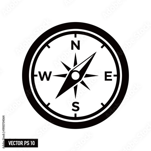 Navigation Compass Silhouette Vector Icon Isolated on White Background - Direction Tool Symbol for Travel and Map