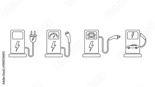 A line drawing of electric vehicle charging stations and icons