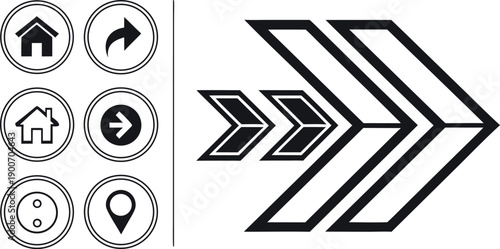 Set of modern line art icons for web and mobile interfaces, representing home, navigation, and digital tools against transparent background