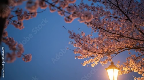 Glowing street lamp under a cherry blossom tree branch at dusk, illustrating the fading light of evening