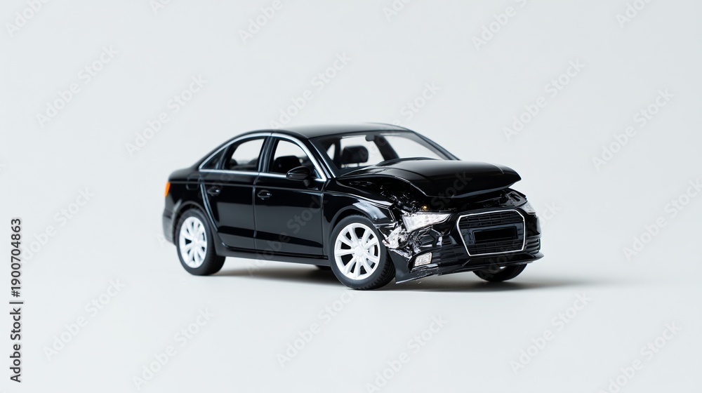 Obraz premium Photorealistic Image of a Damaged Black Car Model After a Detrimental Crash Captured on a Neutral Background for Automotive Related Themes