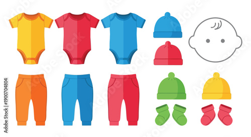 Colorful baby clothes and accessories arranged in a flat lay style