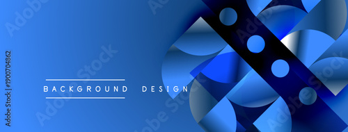 Abstract blue design features geometric shapes, gradients, overlapping layers. Modern aesthetic suitable for backgrounds, presentations.