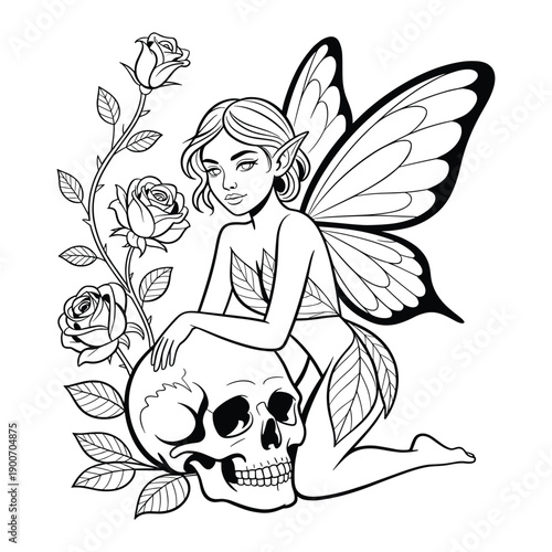 A mystical fairy with butterfly wings rests her hand upon a human skull surrounded by roses and leaves