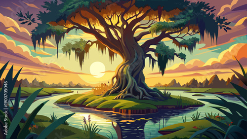 Very beautiful drone photograph of a majestic old tree leaning over a serene swamp in rural Louisiana, emphasizing southern wetlands, sunlight, and timeless natural strength.
