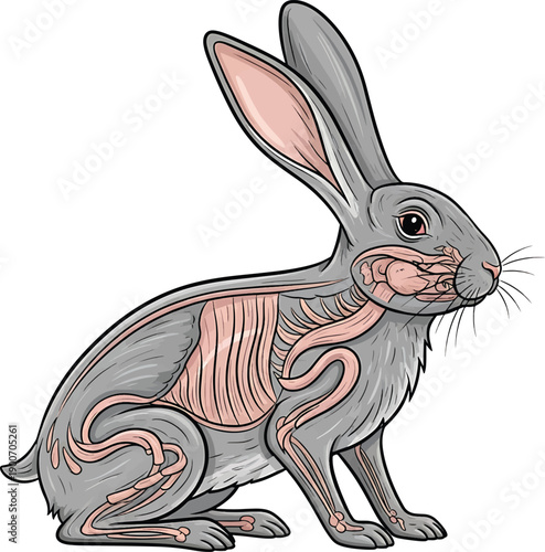 Detailed illustration of a rabbits internal anatomy and skeletal structure.