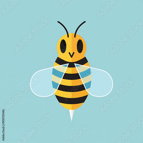 Cute cartoon bee illustration with striped body and transparent wings.