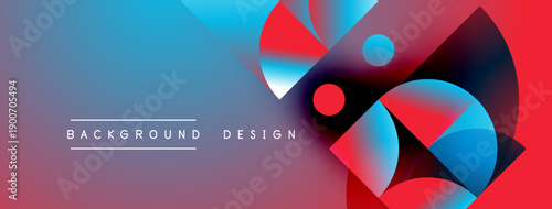 Abstract geometric shapes blend vibrant blues, reds, purples. Modern design features overlapping circles, gradients, text elements.