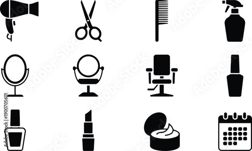A comprehensive set of black silhouette icons representing beauty salon tools, personal care products, and grooming services