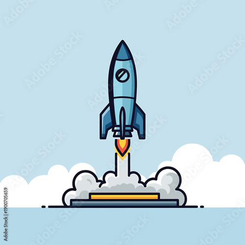 Blue Rocket Launching into the Sky with Fiery Exhaust.