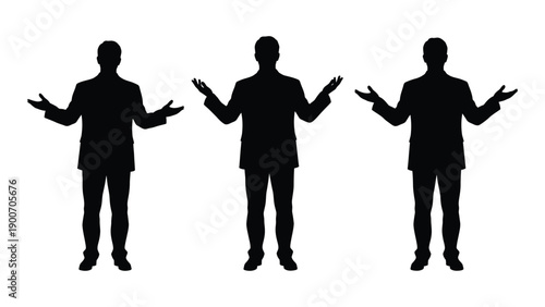 Three silhouetted figures with arms outstretched in a questioning gesture
