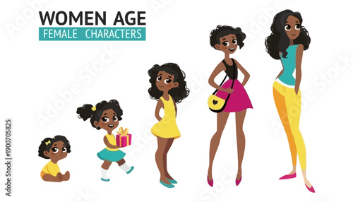 A group of cartoon women of different ages and stages of life