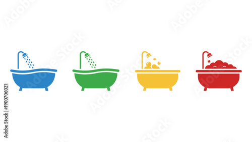 A colorful illustration of four bathtubs with different water settings
