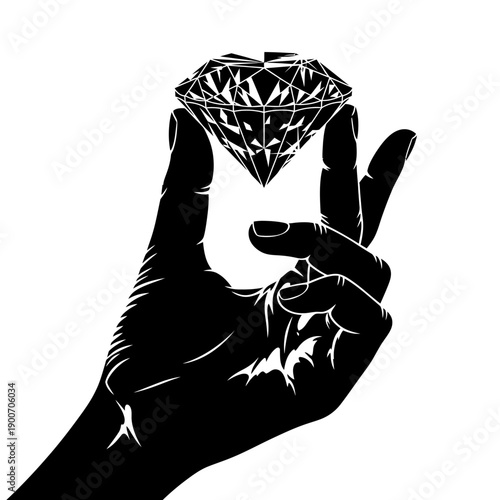 Black Silhouette of a Hand Holding a Diamond Gem on White Background Vector Luxury Icon for Jewelry and Wealth
