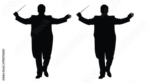 Silhouettes of two conductors with arms raised seemingly mirroring each other