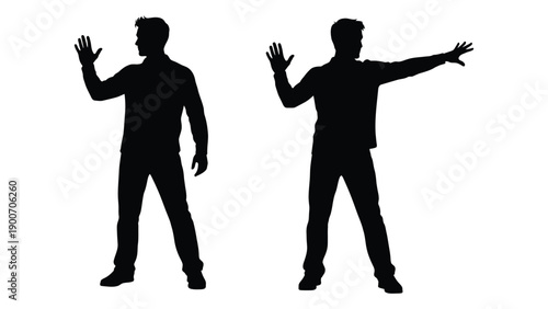 Two silhouetted men posing with arms outstretched in dynamic gestures