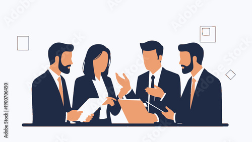 Diverse business team collaborating in a modern office setting with digital devices.