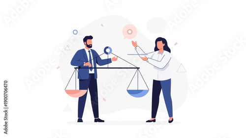 Business partners balancing scales, teamwork, decision making, justice, legal concept