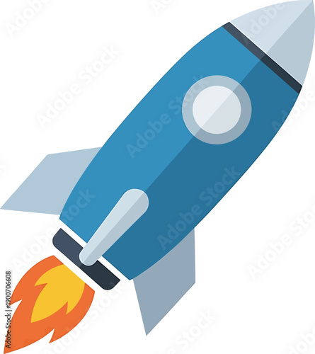 Blue Rocket Launching with Fiery Exhaust and Smoke.