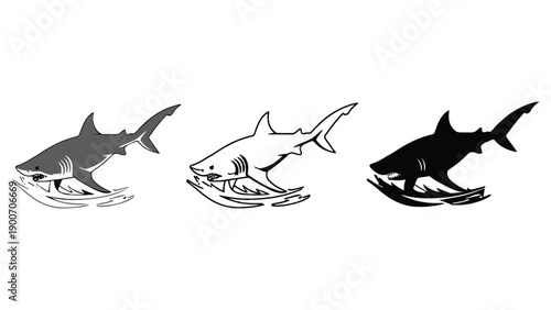 A set of three shark illustrations in different colors and styles