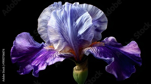 Elegant Iris Bloom - A Captivating Display of Purple and White Petals Against Black.