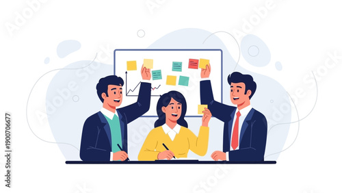 Business meeting with sticky notes, brainstorming team voting and planning