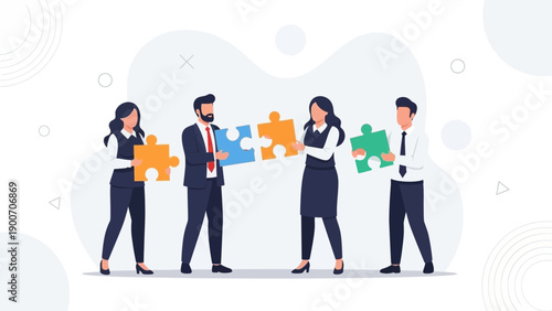 Teamwork and collaboration: Business people connecting puzzle pieces for success