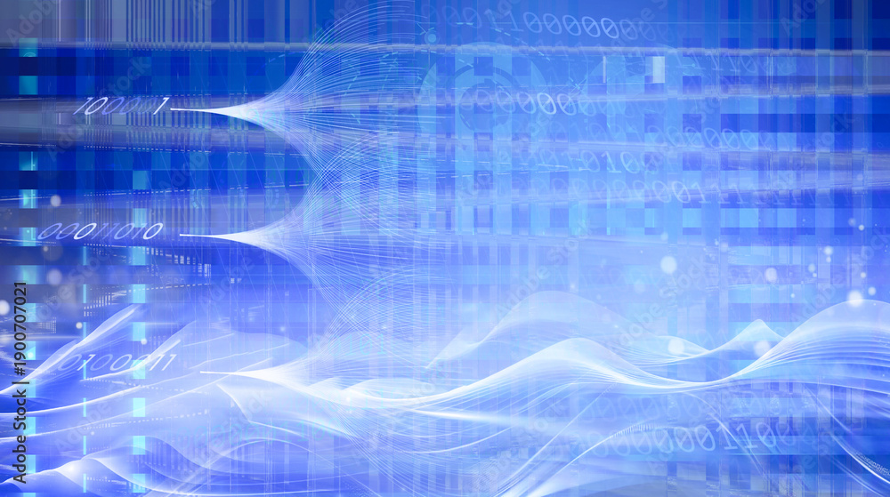 Fototapeta premium Digital data flows through a futuristic blue network, where glowing connections, streaming information, and interconnected nodes visualize advanced technology, artificial intelligence, and smart 