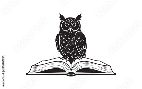 Wise Owl Sitting on Open Book Silhouette Illustration, Knowledge Education Learning Concept, Minimal Black and White Academic Design, Isolated on White Background