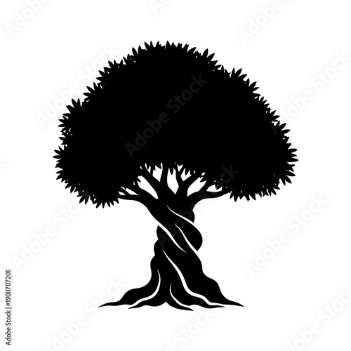 Mediterranean Olive Tree Silhouette Vector Icon - Twisted Trunk Nature Black Shape Illustration Isolated on White Background for Garden Art