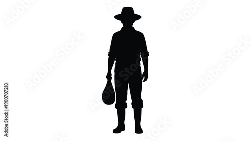 Silhouette of a person wearing a hat and carrying a bag isolated on white